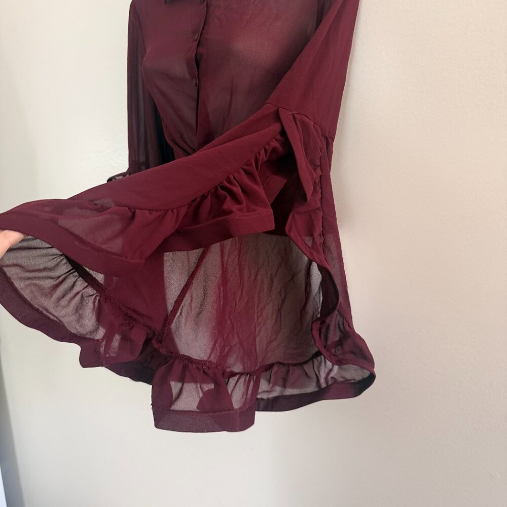 Fashion Nova Burgundy Sheer Twist-Front Blouse | Long Sleeve | Size S - Picture 6 of 12